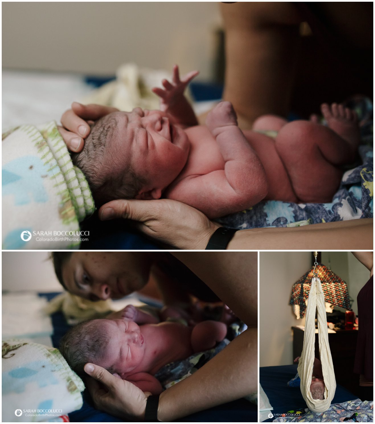 Midwife performing newborn exam at longmont, Colorado home birth