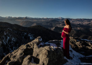 Colorado mountain maternity photo, mom wearing red dress