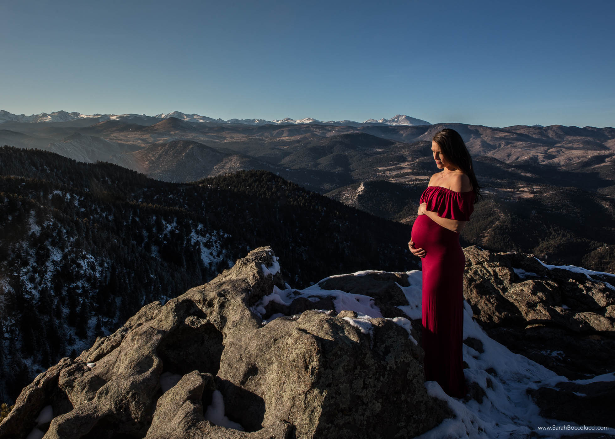 Colorado mountain maternity photo, mom wearing red dress