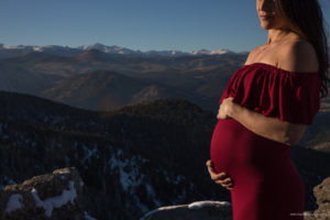 Colorado mountain maternity photo, mom wearing red dress